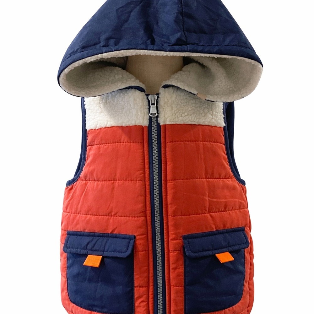 Toddler Boys Color Block Hooded Puffer Vest Size 4T Sherpa Lined